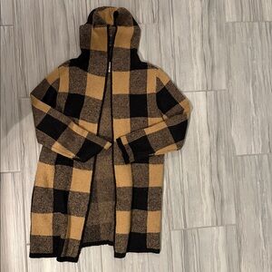 Plaid Hooded Cardigan Sweater - Black and Tan